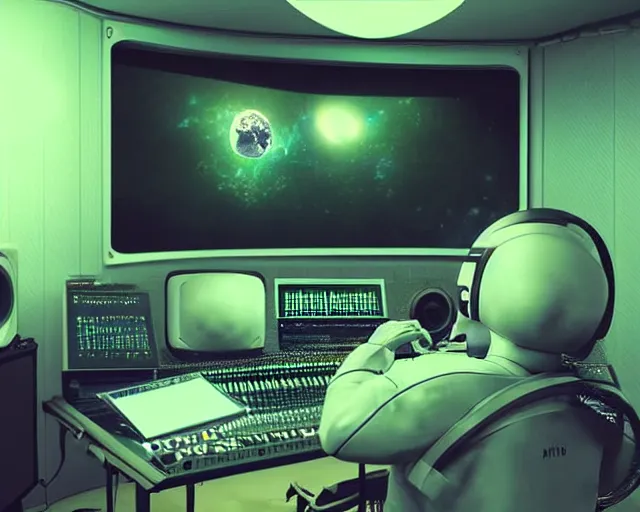 Prompt: an astronaut in a recording studio, looking at a glowing computer screen, using synthesizer, trending on cgsociety, [ zero - gravity ]!!, [ everything is floating ]!!!, illustrated by greg rutkowski, [ digital art, synthwave art style ]!!, golden ratio!!, centered!!