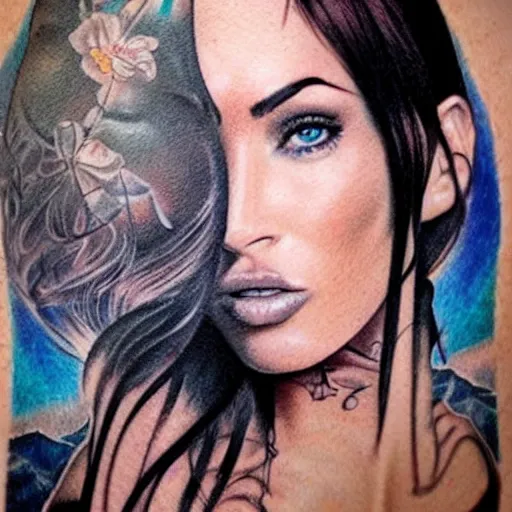 Prompt: realistic tattoo sketch of megan fox face double exposure art with beautiful mountain scenery, in the style of matteo pasqualin, amazing detail, sharp, faded