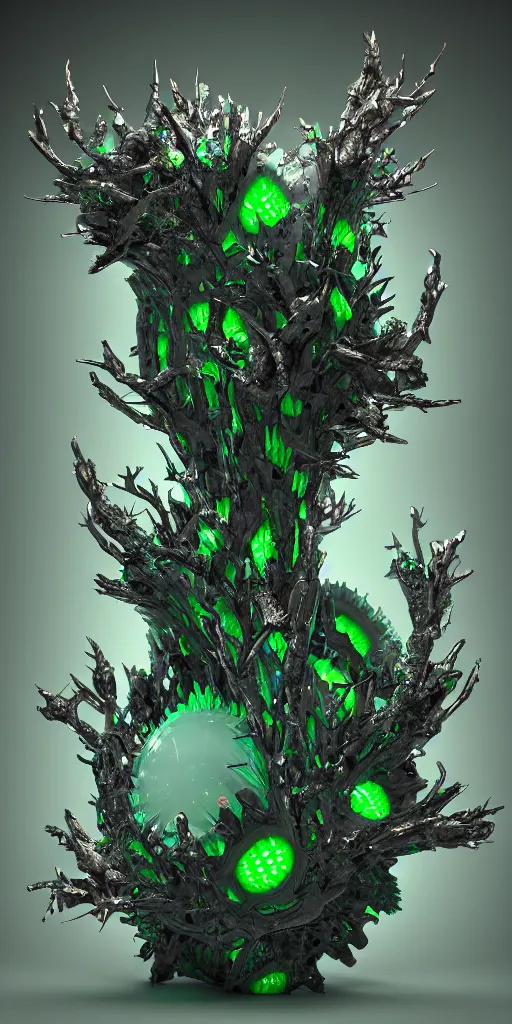 Prompt: 3 d photographic render of asymmetric mandelbulb sculpture, bioluminescent chrometype, made of liquid metal, neotribal with thorns and green thunders, cyberpunk, raytracing, hyper realistic, volumetric lightning, 8 k, by zhelong xu and ouchh studio