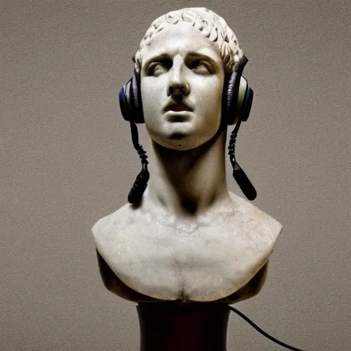 Prompt: a roman bust wearing headphones, in the style of vaporwave art