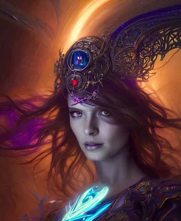 Image similar to a whirlwind of souls rushing inside the metaverse, half body, glowin eyes, tiara with sapphire, pharaoh, android, cyberpunk, d & d, fantasy, intricate, elegant, highly detailed, colorful, vivid color, digital painting, artstation, concept art, art by artgerm and greg rutkowski and alphonse mucha and ruan jia