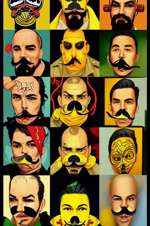 Image similar to gang saints wear yellow bandanas, and some of them have thick mustaches, their eyes are sharp, pop art style, dynamic comparison, proportional, professional art, bioshock style, gta chinatowon style, hyper realistic, face and body clarity, complicated, art by argerm dan richard hamilton