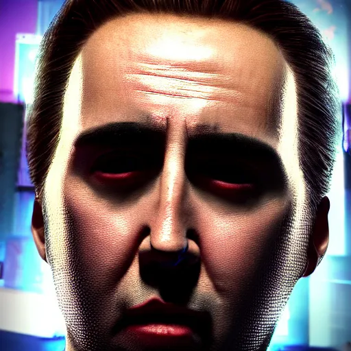 Image similar to young nicolas cage portrait, cyberpunk 2 0 7 7, cyberpunk jackie welles, photorealistic, ultra detailed, neon, octane, bokeh, cinematic lighting, cyber, cyberpunk city, studio quality, feature, scars, cyberface, 8 k