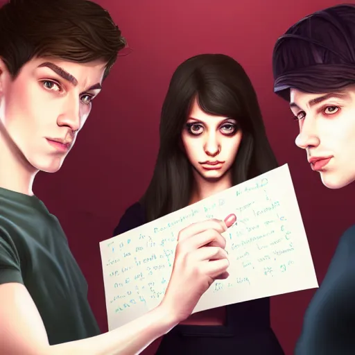 Image similar to realistic portrait of three male and one female characters look intensely at a terrified female author looking at some written notes, aesthetic!, trending on artstation, detailed digital art,