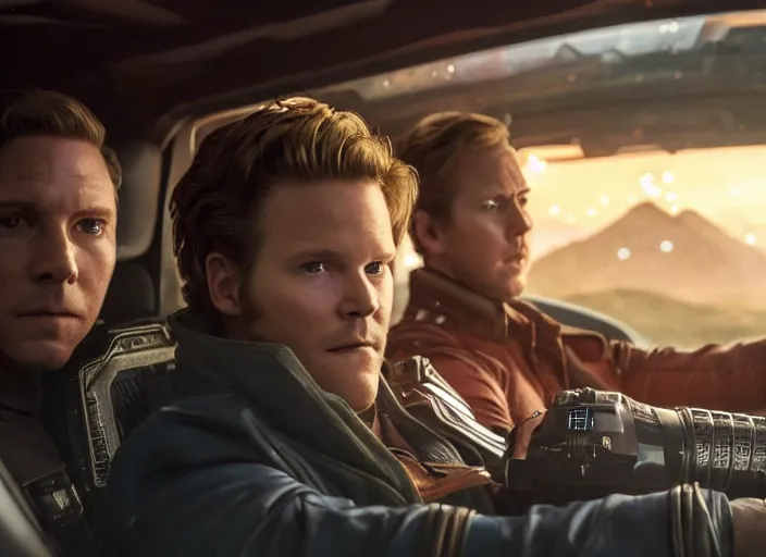 Image similar to a very high resolution image from a new movie, starlord. inside of a car. mountains, falling stars, directed by wes anderson