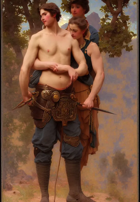 Prompt: attractive handsome fully clothed beck hansen confesses his love for attractive fully armored bjorl. centered composition. highly detailed painting by gaston bussiere and j. c. leyendecker and william adolphe bouguereau and fra angelico and octane render, musee d'orsay 8 k