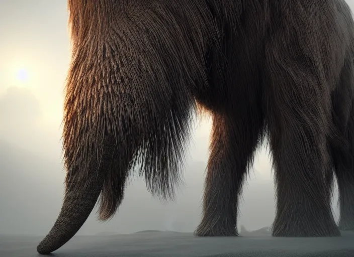 Image similar to hyperrealism, detailed textures, photorealistic, 3 d render, a surreal mystical wooly mammoth grazing, ultra realistic cinematic, intricate, cinematic light, concept art, illustration, art station, unreal engine