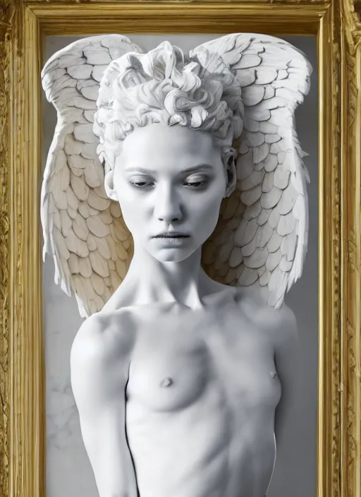 Prompt: statue made of white marble with gold veins, of an beautiful gorgeous angel girl, full body shot, perfect symmetrical body, perfect symmetrical face, no eyes, hyper realistic, hyper detailed, fujicolor superia 1 6 0 0 photo, by johannen voss, by peter kemp, by monia merlo, by michelangelo, octane render, blender