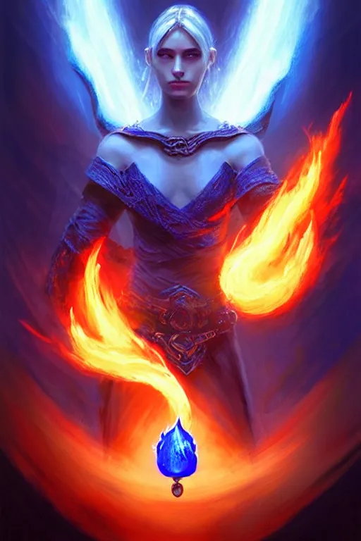 Image similar to Front portrait of mage hold a blue fire on right hand and red fire on the left hand, full body, fine art, awesome fantasy book cover on Pinterest, award winning, dark fantasy landscape, fantasy magic, intricate, elegant, sharp focus, cinematic lighting, highly detailed, digital painting, concept art, art by WLOP and Artgerm and Greg Rutkowski, masterpiece, trending on artstation, 8K