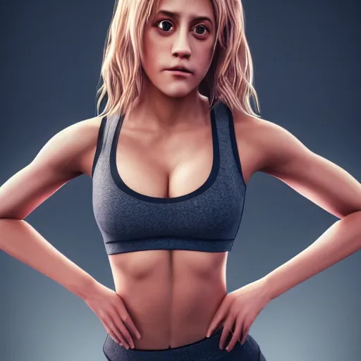 Prompt: brittany murphy wearing tight yoga pants and a sports bra very big chest, looking fierce in Camera, character concept art, Two visible arms, Beautiful face, Rendered in Octane, trending in artstation, cgsociety, 4k post-processing highly detailed, dynamic cinematic lighting rendered by octane engine, characters 8K symmetrical