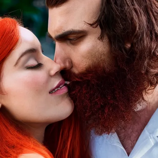 Image similar to a man with a dark well groomed beard gently slapping an attractive woman with straight red orange hair in the face with a lizard