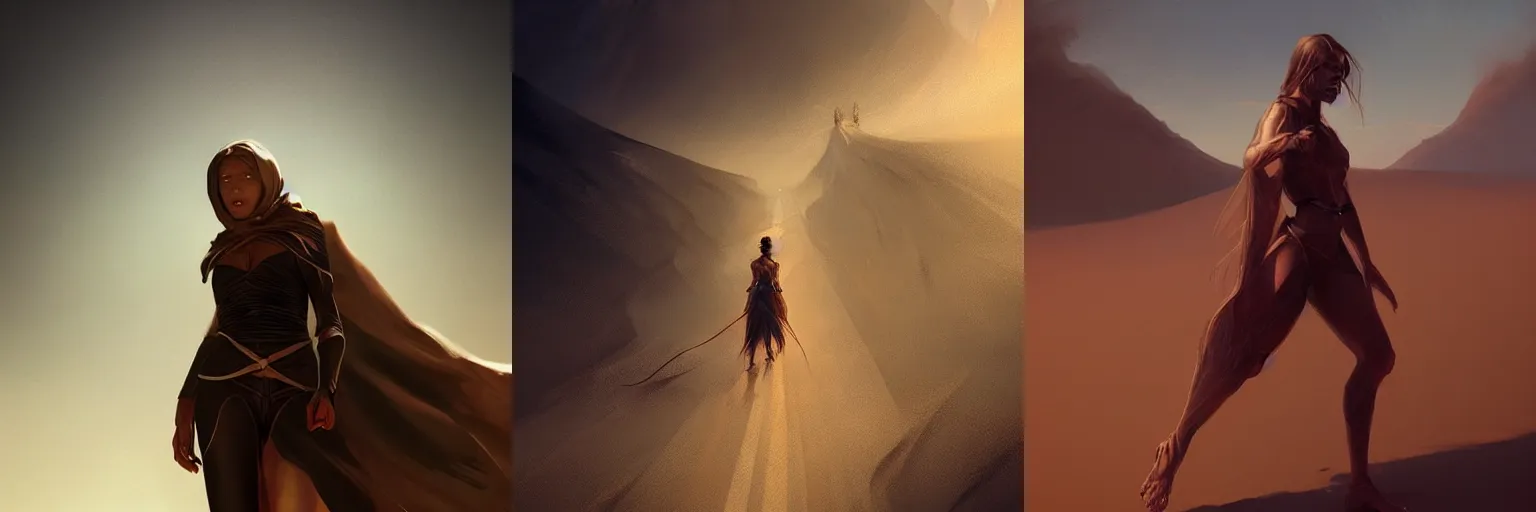 Prompt: Portrait of a dark fantasy dune dryand sprinting in the distance, stunning, concept art, artstation, dramatic lighting, by Wlop