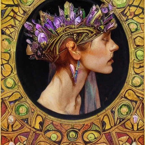 Prompt: the bone crown, by Annie Swynnerton and Nicholas Roerich, dark skin, elaborate costume, flowers, iridescent beetles, rich color, dramatic cinematic lighting, smooth, sharp focus, extremely detailed