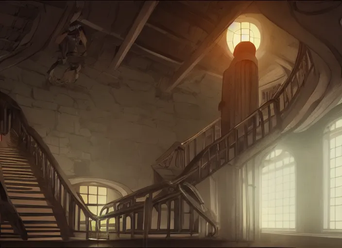 Prompt: the interior of the lighthouse staircase, anime fantasy illustration by tomoyuki yamasaki, kyoto studio, madhouse, ufotable, square enix, cinematic lighting, trending on artstation