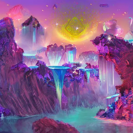 Image similar to A fantasy island filled with crystals, digital art