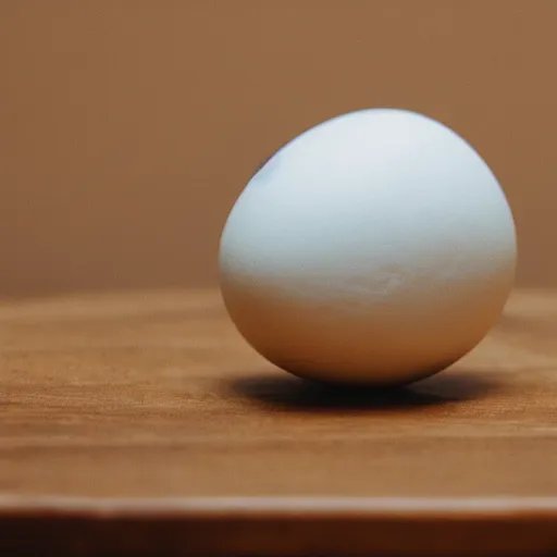 Image similar to a photograph of a hard boiled egg, sitting on top a table, there is a table cloth with an ornate pattern. minimalistic, natural light, depth of field