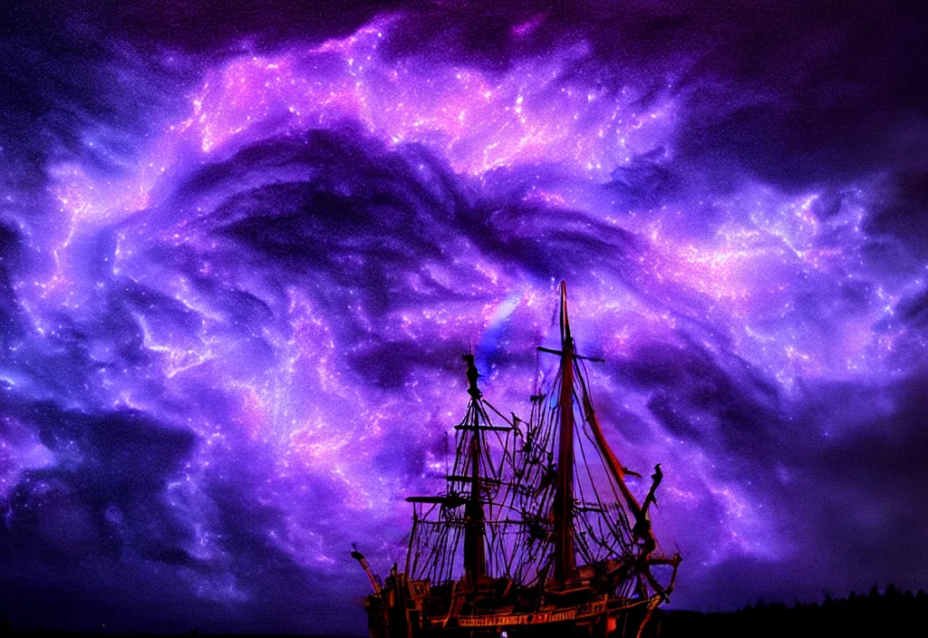 Prompt: purple color lighting storm with stormy sea close up of a pirate ship firing its cannons trippy nebula sky with dramatic clouds painting by banksy