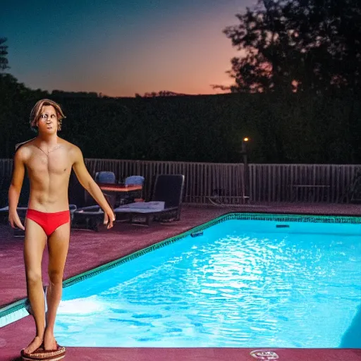 Prompt: cole sprouse standing on a diving board over a pool, red weapon 8 k s 3 5, cooke anamorphic / i lenses, highly detailed, cinematic lighting