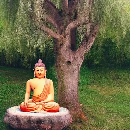 Image similar to “ cute buddha - like pig meditating on top of a large mushroom, large willow tree in the background. ”