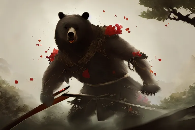 Image similar to an environmental concept art of samurai anthropomorohic black bear, samurai duel, sakura petals blowing in the wind, highly detailed, environmental light, epic, 8 k, artstation, deviantart, award winning, cinematic by francis tneh