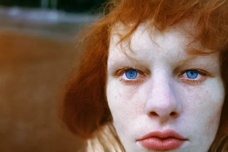 Image similar to close up portrait photography of a symmetric white ginger woman face with blue eyes, soft light, 35mm, film photo, Joel Meyerowitz