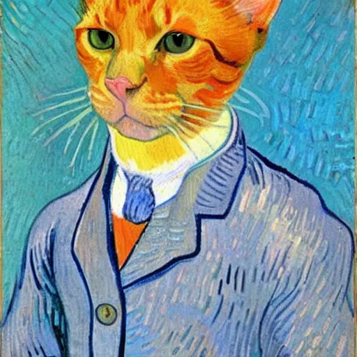 Prompt: a portrait of a ginger orange cat, wearing a light blue suit, ears visible, by Vincent Van Gogh