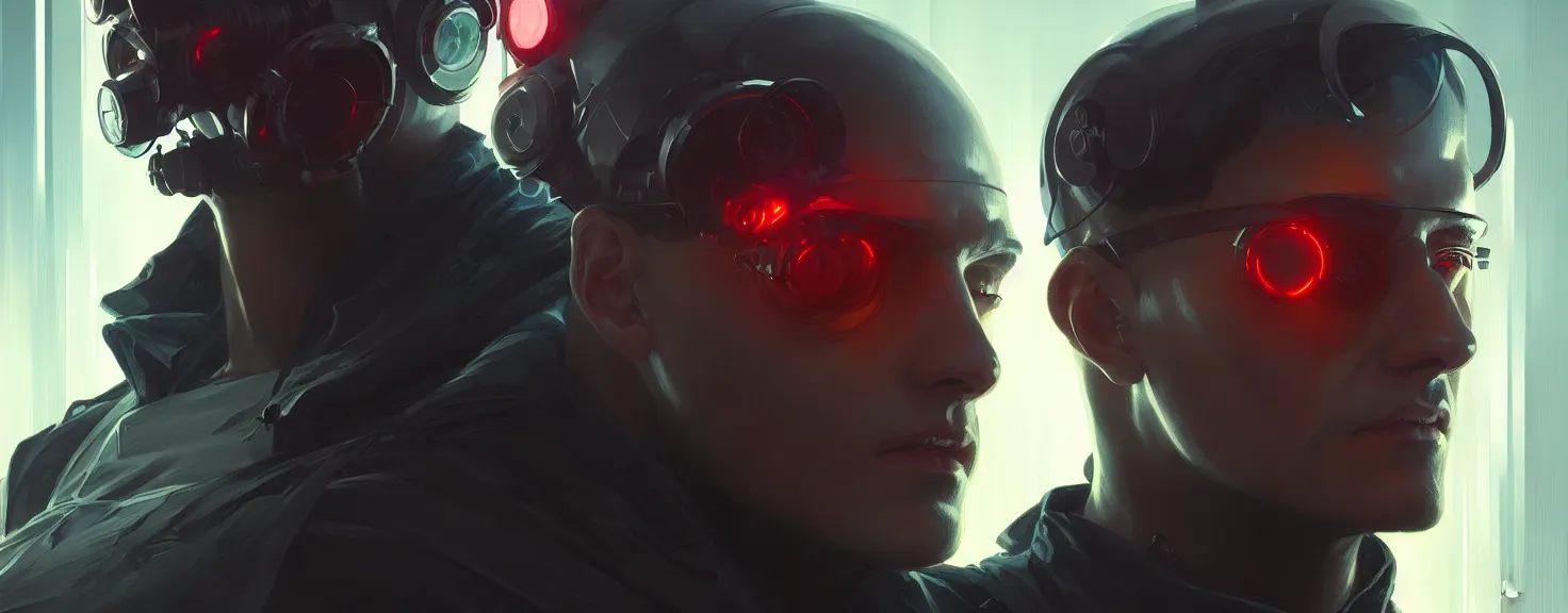 Image similar to Hacker cyberpunk man portrait, highly detailed, digital painting, artstation, concept art, smooth, sharp focus, illustration, art by artgerm and greg rutkowski and alphonse mucha