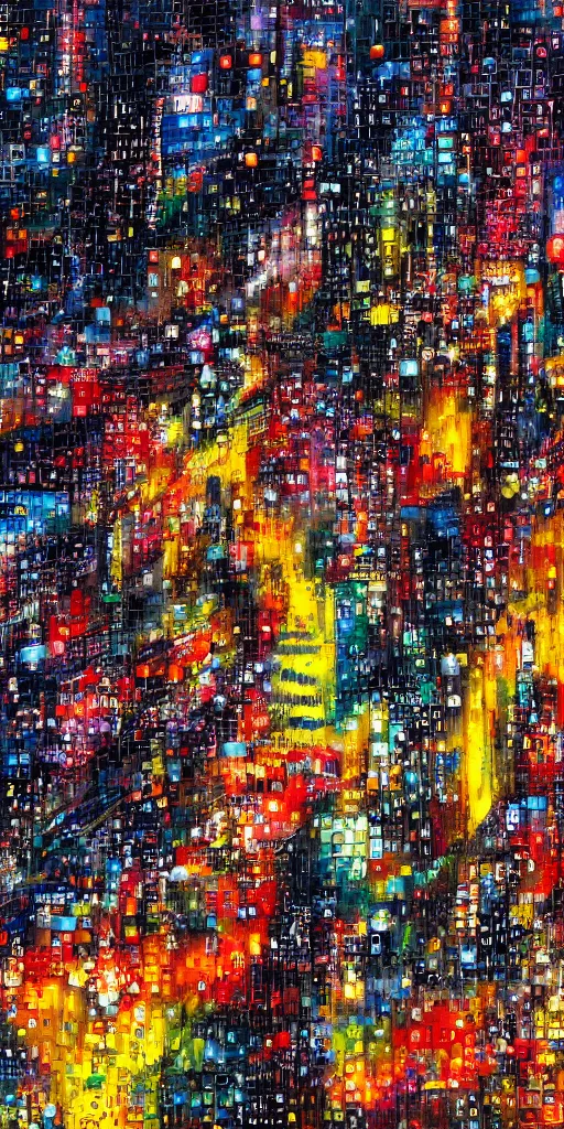 Prompt: a cyberpunk cityscape in the rain, by jackson pollock and wassily kandinsky, 4 k resolution, vivid colours, extremely detailed, dripping technique, oil paint, depth