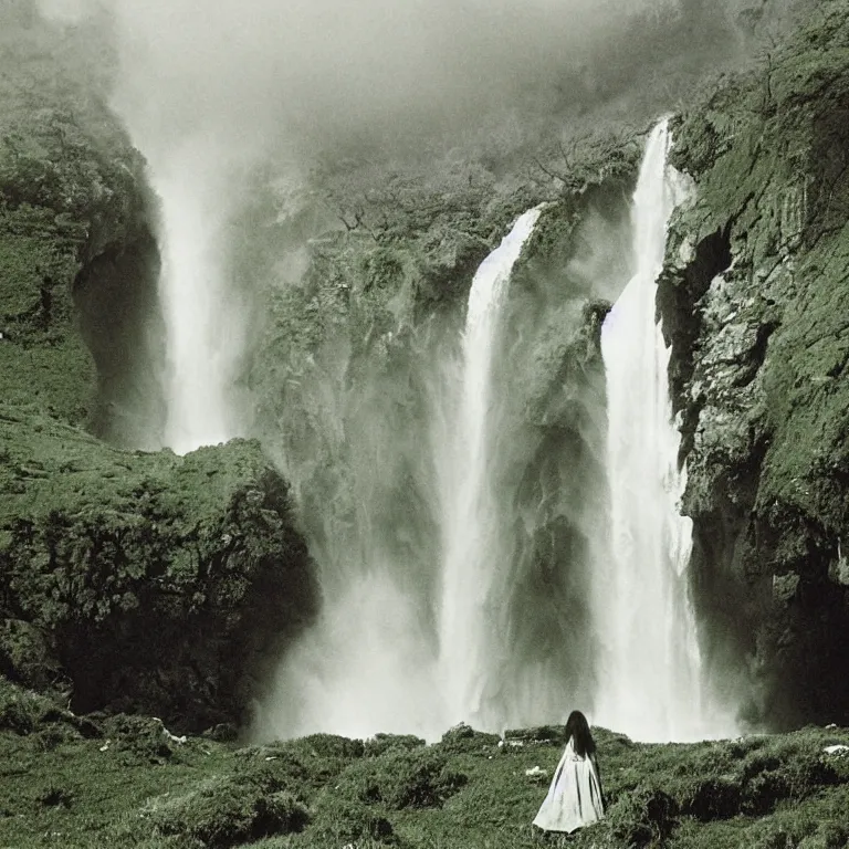 Image similar to bright 1 9 7 0's artistic technicolor spaghetti western film, a large huge group of women in a giant billowing wide long flowing waving shining bright white dresses made of white smoke, standing inside a green mossy irish rocky scenic landscape, huge waterfall, volumetric lighting, backlit, atmospheric, fog, extremely windy, soft focus