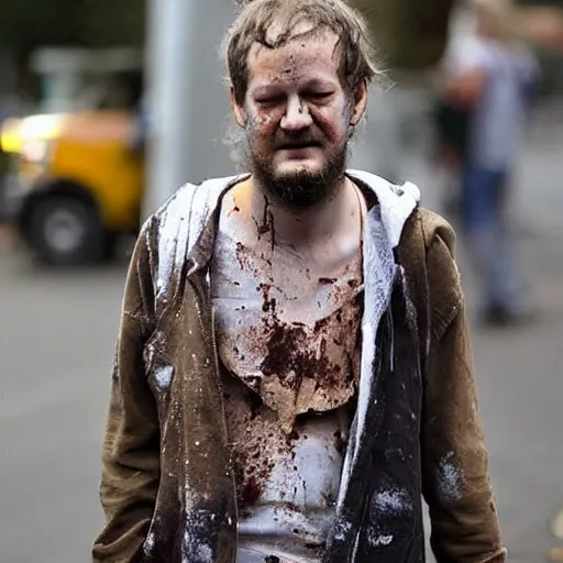 Prompt: homeless justin vernon in portland covered in chocolate stains. photograph.