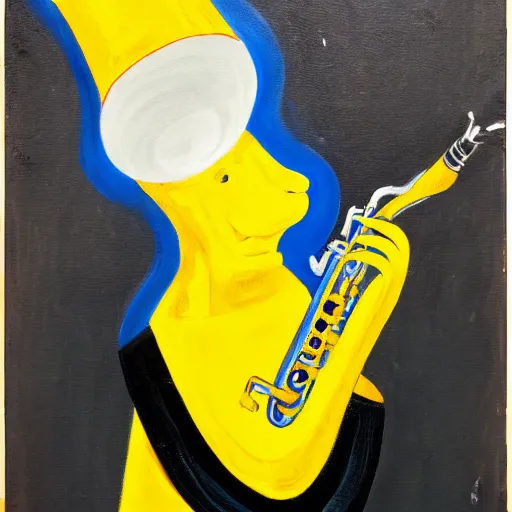 Prompt: man in a yellow costume, yellow hat, holding a saxophone, smoking a cigarette, blue skin, blue smoke, black background, sitting, painting, artwork, meditative