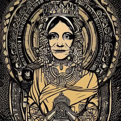 Image similar to mcbess and rutkowski portrait of the queen of an ancient civilisation. its people were said to be wise and just, and their city was a beautiful place full of wonderful buildings and treasures.