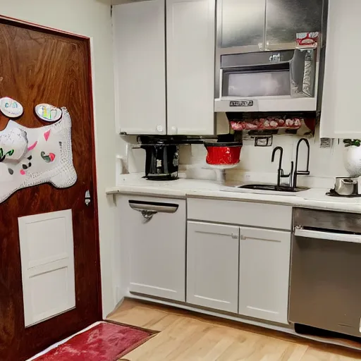 Prompt: photo of a kitchen with an entire cow in the fridge