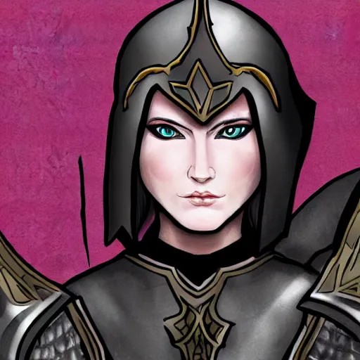 Prompt: female half-elf paladin of the raven queen in black armor with a shield, black hair, clear face, dark eyes, digital illustration