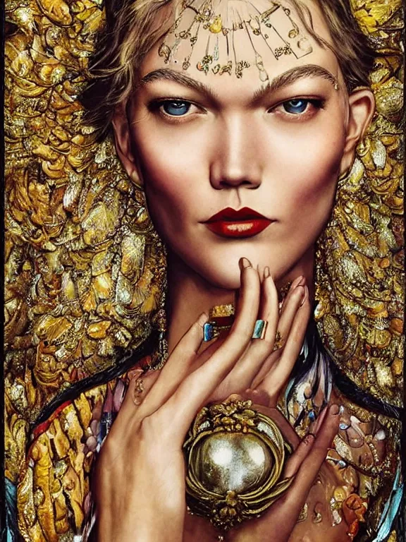 Prompt: an golden age portrait of Karlie Kloss,embellished sequined,feather-adorned,by tom bagshaw,Cedric Peyravernay,Peter Mohrbacher,William Holman Hunt,William Morris,Catherine Nolin,metropolis,Gucci,Dior,trending on pinterest，maximalist,glittering,feminine