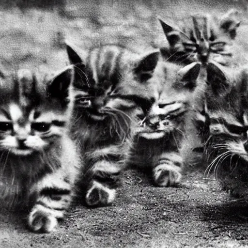 Prompt: a platoon of Vietnam era war kittens holding rifles.