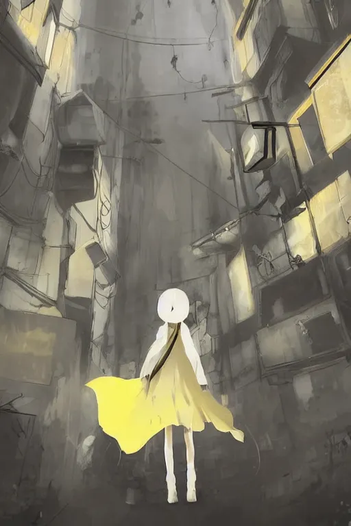 Prompt: white and yellow colors. Alleyway in style of cytus and deemo, mysterious vibes, set in half-life 2, beautiful with eerie vibes, very inspirational, very stylish, surrealistic, perfect digital art, mystical journey in strange world, bastion game