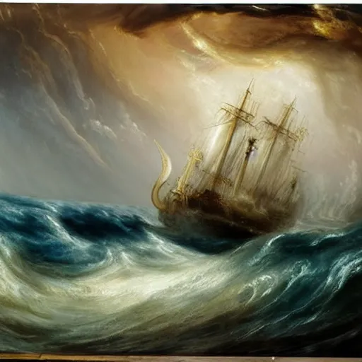 Image similar to kraken tentacles stormy sea steamship boat dramatic clouds painting style of turner