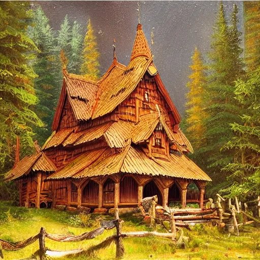 Prompt: wooden stave church in the forest, very detailed, focused, oil painting, colorful, canvas, artstation, Vsevolod Ivanov, Albert Bierstadt