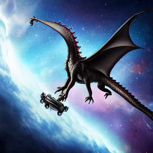 Image similar to a real dragon flying through space, galaxies, dlsr camera, hyper realistic, high definition, 4k