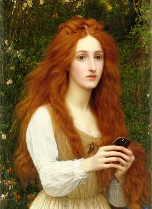 Prompt: selfie of a Pre-Raphaelite young beautiful woman with blond hair