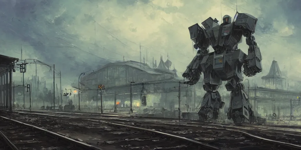 Prompt: a russian mecha, train station in summer, matte painting, evening, after the storm, drama, by rozalski and stanton kenton, artstation