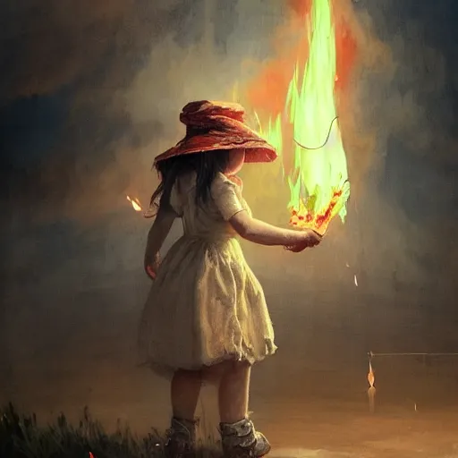 Image similar to candid photo of little girl burning in hell wearing a blue and white fishing hat by Greg Rutkowski, Photorealistic, extremely detailed, UHD, correct face, real hellscape in background, hyperrealistic