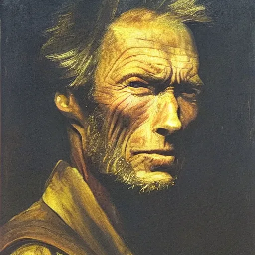 Prompt: wide eyed clint eastwood by rembrandt, startled facial expression, intricate, ultra detailed painting, atmospheric lighting, golden hour