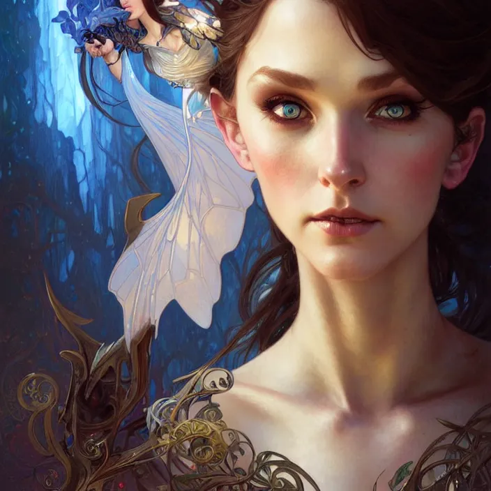 Image similar to Portrait of fairy woman, D&D, blue eyes, face, fantasy, intricate, elegant, highly detailed, digital painting, artstation, concept art, smooth, sharp focus, illustration, art by artgerm and greg rutkowski and alphonse mucha