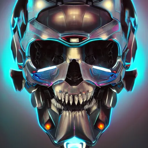 Image similar to full front face centered hyperdetailed portrait of a mecha skull ronin, 8k, digital painting, futuristic, black neon lights, trending on CG society