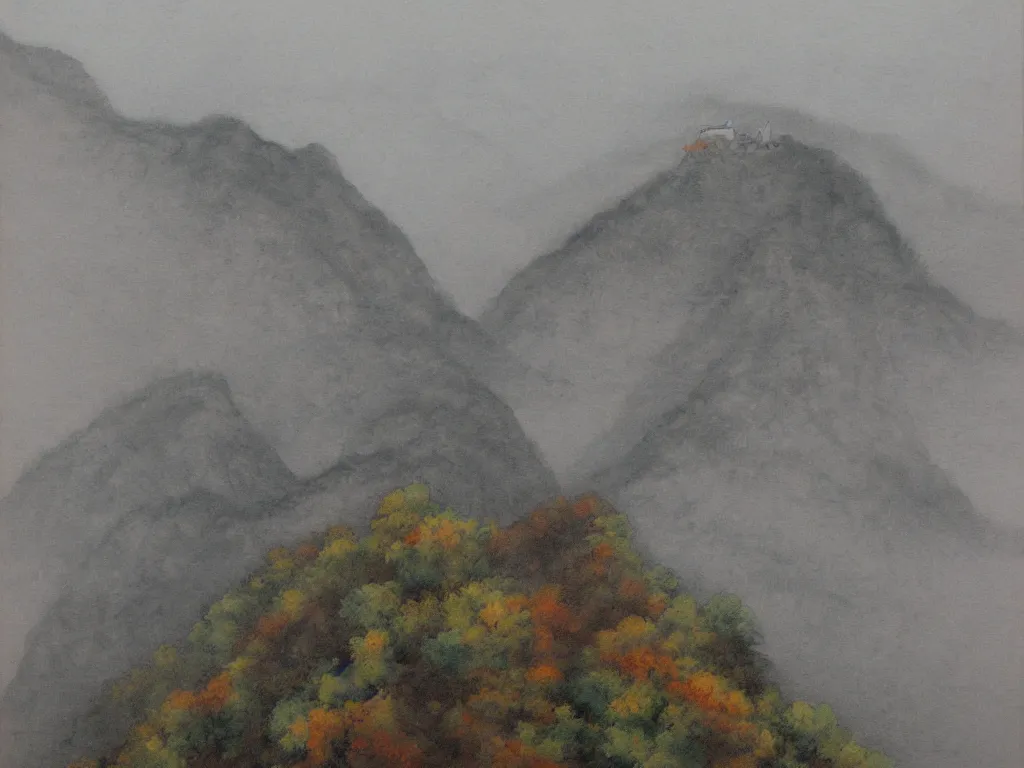 Prompt: landscape painting of wudang mountain on a foggy day by shenzhou 沈 周