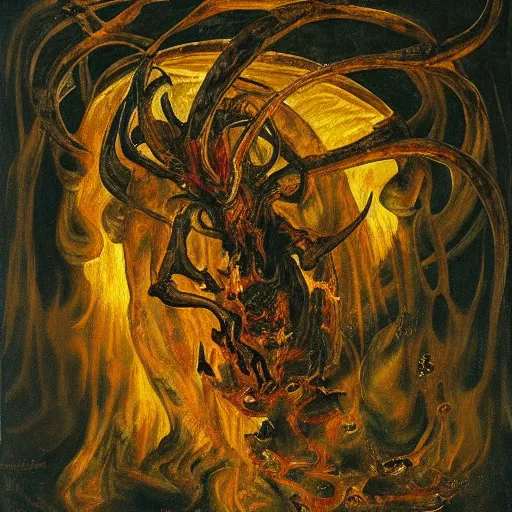 Image similar to hornet headed demon in a Dante’s inferno hellscape, molten, reflections, flames, shadows, intricate detail, famous painter,