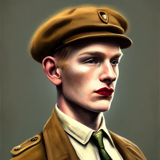 Image similar to A Hearts of Iron IV portrait of a blond young English male actor with high cheekbones. Dressed in 1940s style. Highly detailed, fine Art, high detail, great lighting, 8k resolution, masterpiece, concept art, illustration, clear eyes, painting oil on canvas, octane render, HDR, trending on artstation, 4k, 8k, HD