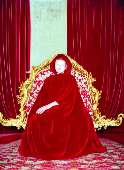 Prompt: realistic photo of a a blurred face of a girl, covered in a red velvet sheet in sitting on a throne in a red royal room 1 9 6 0, life magazine photo, natural colors, metropolitan museum, kodak, 8 k, very detailed, high resolution, product photo,